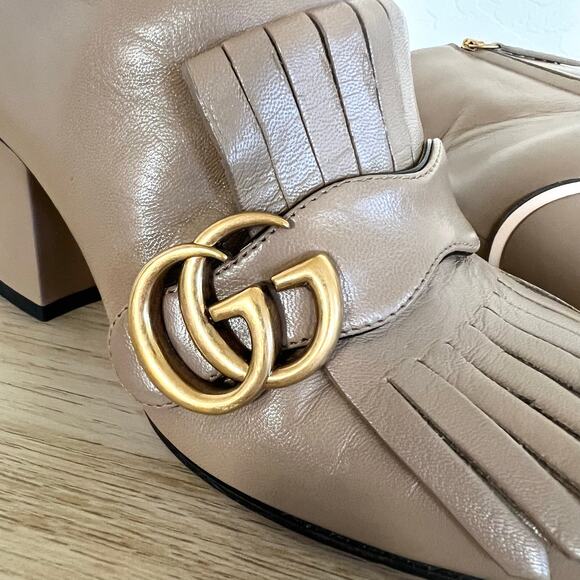 Gucci GG Marmont Fringe 75mm Ankle Boots 35 Mud Leather Block Heel - Picture 13 of 13